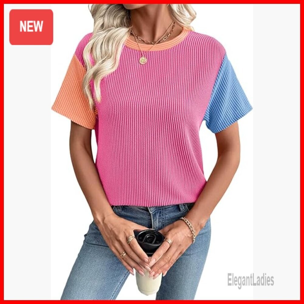 Short Sleeve Ribbed Knit Crewneck T-Shirt Color Block Tee Relaxed Fit
